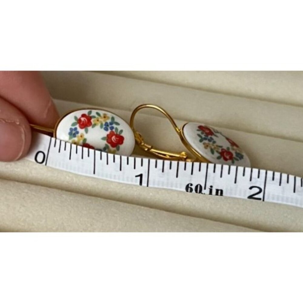 Floral Porcelain Drop Earrings Gold Tone Leverback Dangle Oval - Picture 7 of 7